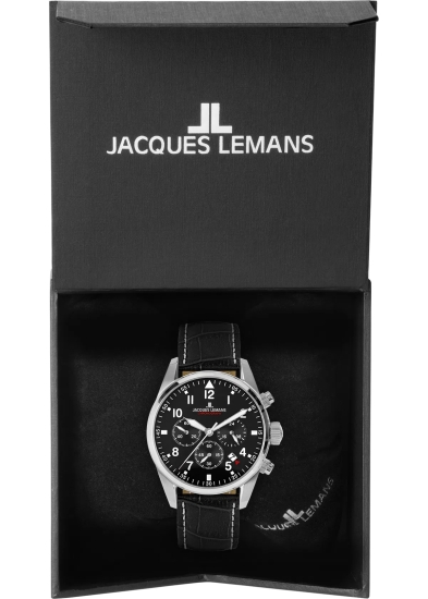 Jacques Lemans Herrenuhr Chronograph Schwarz Leder 10ATM 42-2A