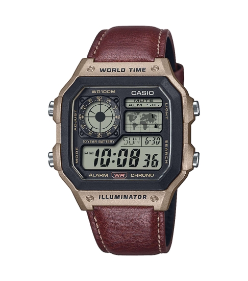 Casio Herrenuhr Digital Alarm Licht Lederband 10BAR AE-1200WHL-5AVEF