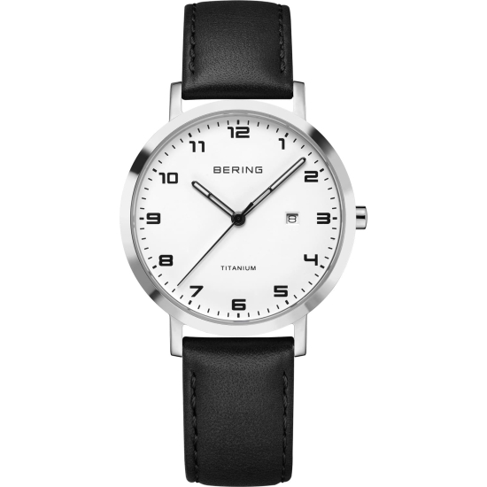 Bering Damenuhr Titan Saphirglas Datum Leder Schwarz 18634-404