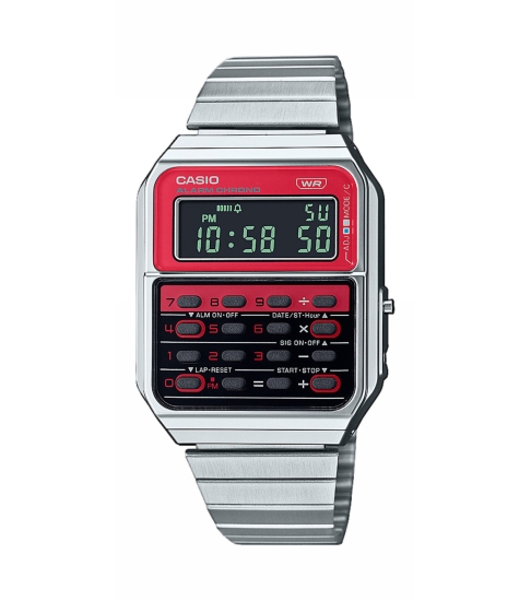 Casio Herrenuhr Retro Taschenrechner Digital Edelstahlband Rot CA-500WE-4BEF