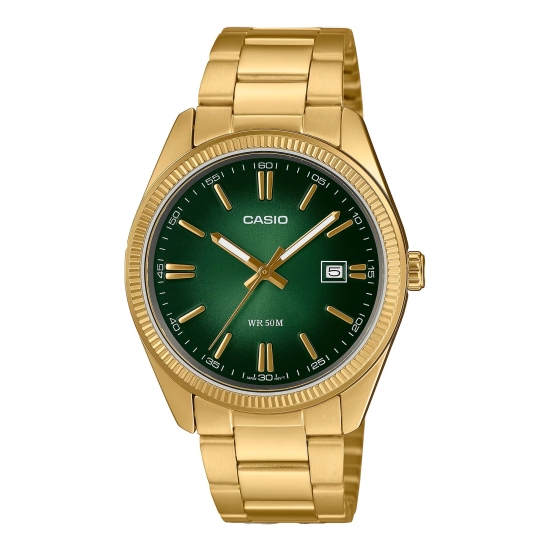 Casio Herrenuhr Edelstahl Datum 38mm Goldfarben Grün MTP-1302PGC-3AVEF