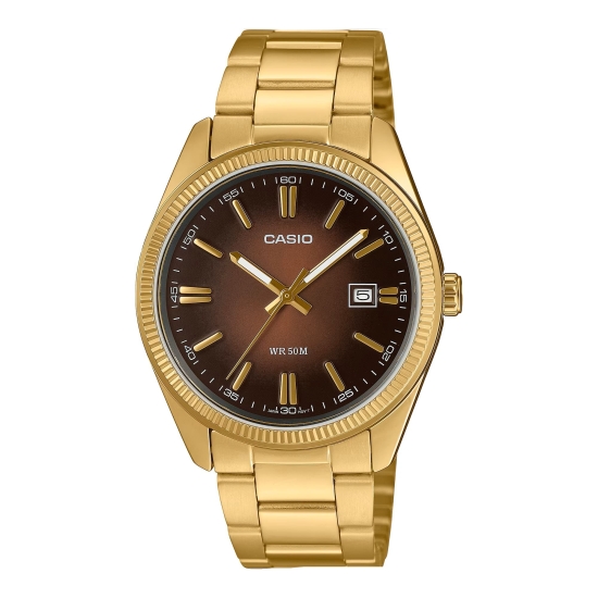 Casio Herrenuhr Edelstahl Datum 38mm Goldfarben Braun MTP-1302PGC-5AVEF