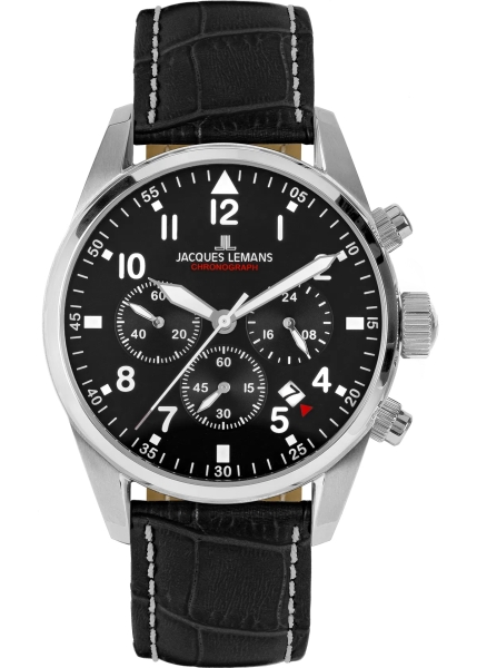 Jacques Lemans Herrenuhr Chronograph Schwarz Leder 10ATM 42-2A