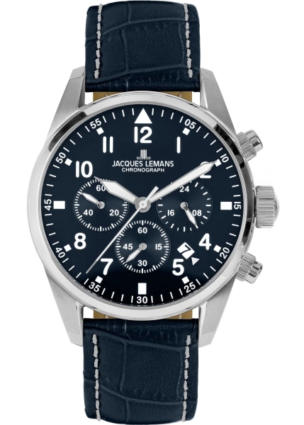 Jacques Lemans Herrenuhr Chronograph Blau Leder 10ATM 42-2B