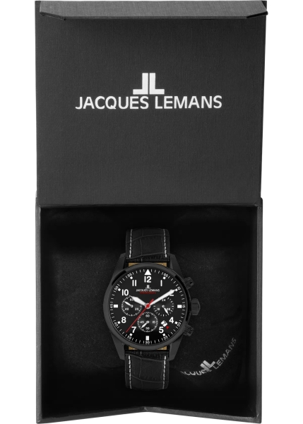 Jacques Lemans Herrenuhr Chronograph Schwarz Leder 10ATM 42-2F