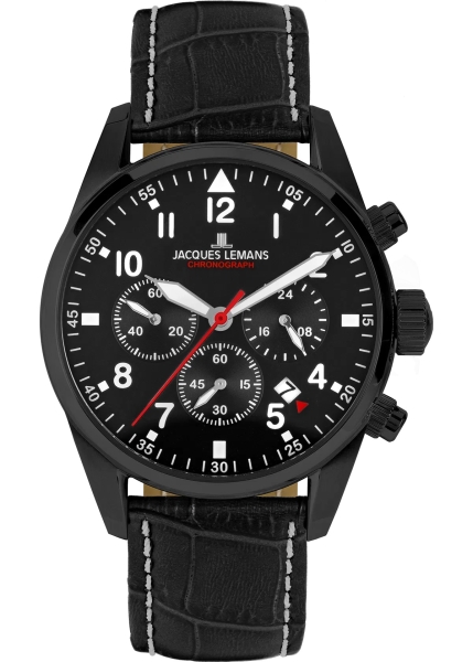 Jacques Lemans Herrenuhr Chronograph Schwarz Leder 10ATM 42-2F