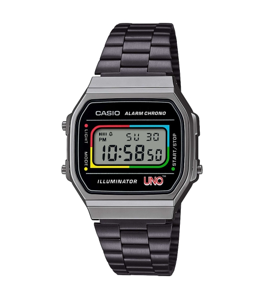 Casio Unisex Uhr Digital Retro UNO™ Mattel + Kartenspiel A168WEUC-1AER