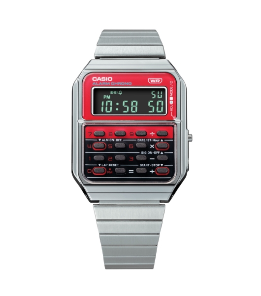 Casio Herrenuhr Retro Taschenrechner Digital Edelstahlband Rot CA-500WE-4BEF