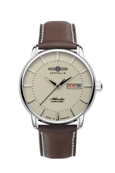 Zeppelin Herrenuhr Atlantic Automatik Tag Datum Leder Beige 8466-5